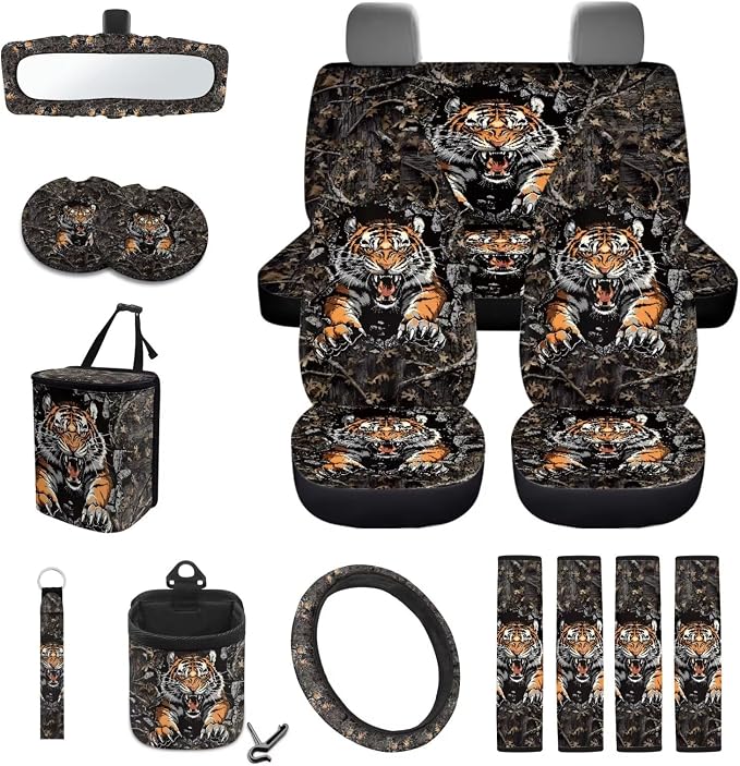 Tiger Forest Camo Print 15PCS Car Seat Protection Steering Wheel Cover, Seat Belt Strap Cover Trash Can Keychain Air Outlet Pocket Mirror Cushion Universal Fit Most Cars