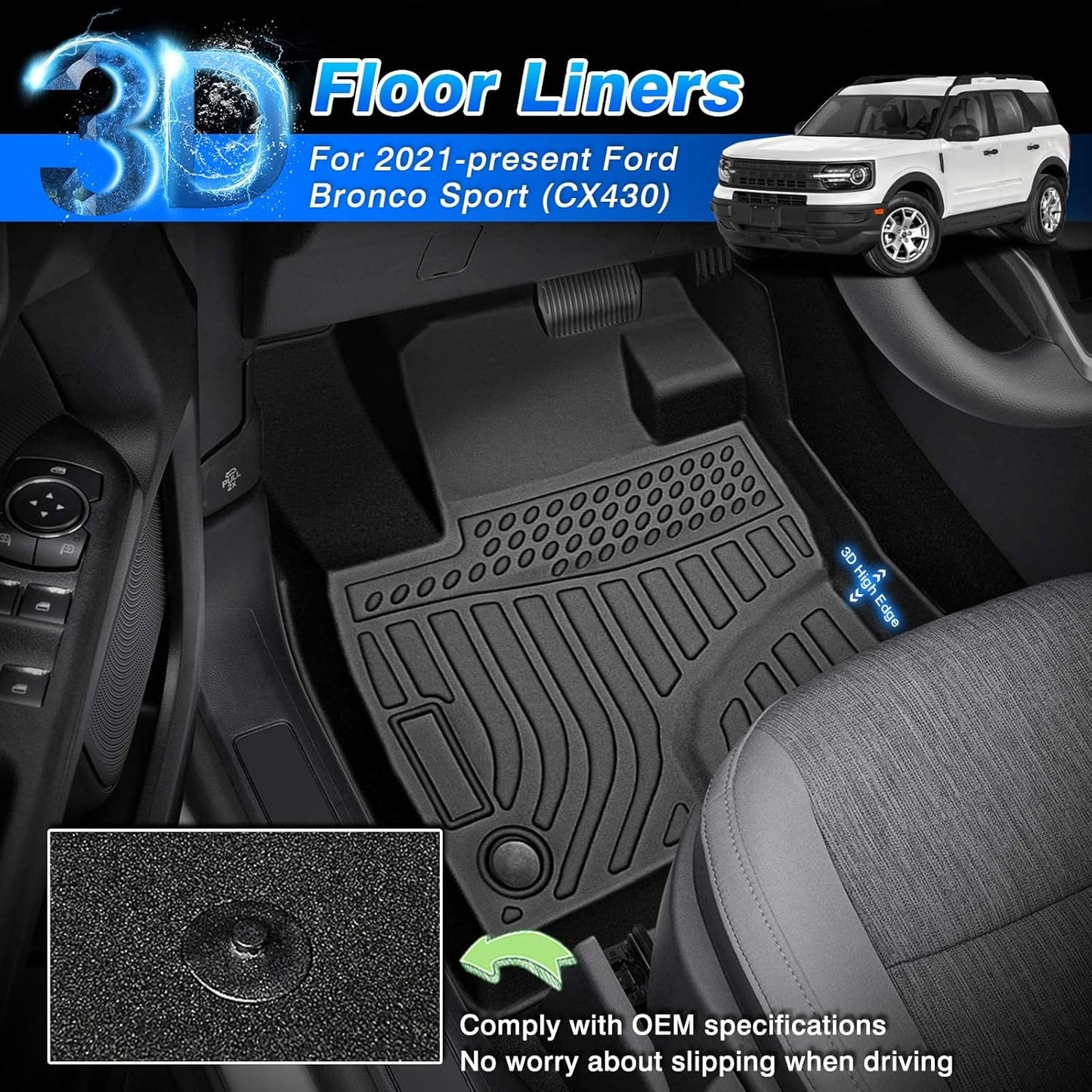 Cartist Floor Mats Compatible with Ford Bronco Sport 2021-2024 2025 2026 All Weather Floor Liners for Ford Bronco Sport Accessories 1st and 2nd Row Carpet Protection Mat Set