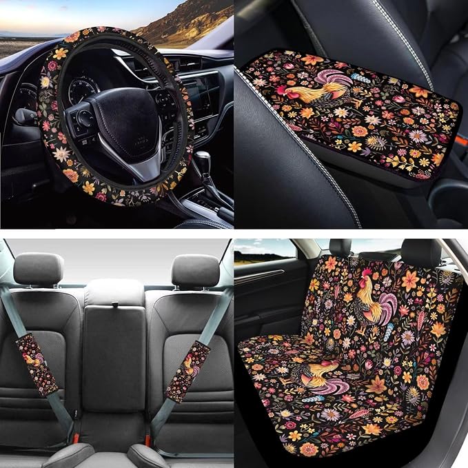 Mumeson Floral Rooster Car Front Seat & Rear Bench Covers Set + Steering Wheel Cover + Seat Belt Shoulder Pads + Armrest Cushion for Car 8 Pack Car Accessories Decor