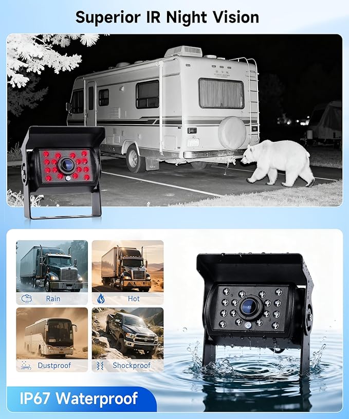Backup Camera Kit with 7-Inch LCD Monitor, Upriding IP68 Waterproof 18IR Night Vision Rear View Camera for Trailer RV Camper Truck Pickup Bus, +32ft Extension Cable, DIY Guidelines(12V-24V)