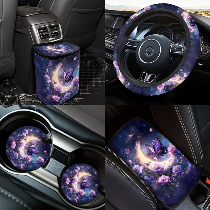 Butterfly Moon Car Accessories Full Set 18 Pieces Butterfly Flower Car Seat Covers Full Set Universal Car Seat Belt Pads Cover Car Headrest Covers Cup Coasters Keychain Car Trash Can