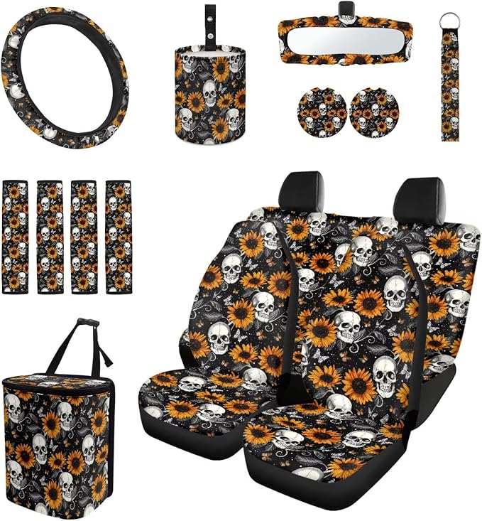 Sunflower Skeleton 15 PCS Car Seat Cover Full Set with Steering Wheel Cover Seat Belt Strap Pads Cup Coasters Trash Bag Rearview Mirror Cover Keychain Auto Interior Decor