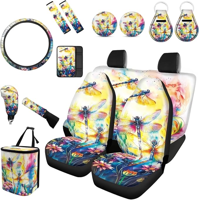Forchrinse Dragonfly Tie Dye Car Seat Covers for Women 15Pcs Auto Interior Set with Dragonfly Steering Wheel Cover,Armrest Seatbelt Pads,Garbage Can,Coaster,Handbrake Gearshift Cover,Universal