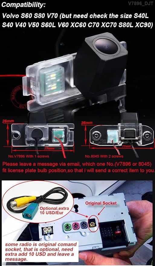 1280x720 Pixels Super Pro HD Night Vision Car Rear View Backup Camera Vehicle-Specific License Plate Light Reverse Camera, for Volvo S40 S40L V40 V50 S60 S60L V60 XC60 C70 V70 XC70 S80 S80L XC90
