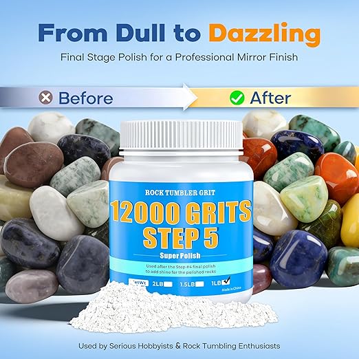12000 Grit Rock Tumbler Polish – Aluminum Oxide Final Stage (Step 5), Ultra Fine Polishing Powder for Mirror Finish & High Gloss Shine, for Rocks, Gems & Glass, Compatible with All Rock Tumblers, 1 LB