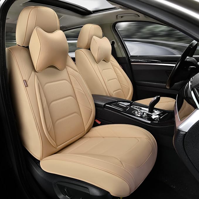TIEHESYT Beige Car Seat Covers Front Pair, Breathable Leather Automotive Front Seat Covers & Headrest for Comfortable Driving, Compatible with Most Cars Sedans SUV Pickup Trucks