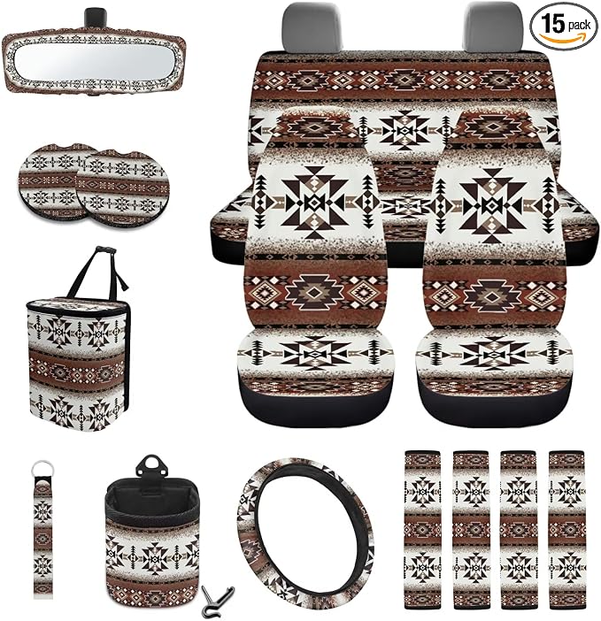 Wanyint Aztec Southwest Brown 15 PCS Car Seat Covers Set for Men Women, with Steering Wheel Cover Seat Belt Pads Trash Bin Sunglass Pocket Rear View Mirror Protector Coasters Key Chain