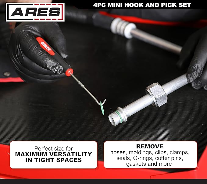 ARES 10034 – Mini Hook and Pick Set - 4-Piece Set Includes Angled, Straight, and Full Hooks and Picks - Hardened Steel Shafts - Easily Remove Hoses, O-Rings, and Gaskets