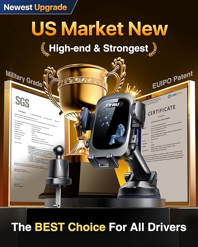 YRU True Military-Grade [360° Rotation Suction] 2026 Ultimate Car Phone Holder Mount 【90+LBS Safest Strongest & Patent Certs】 Dashboard Windshield Vent for iPhone 17 16 Pro Max Samsung,Blue Black