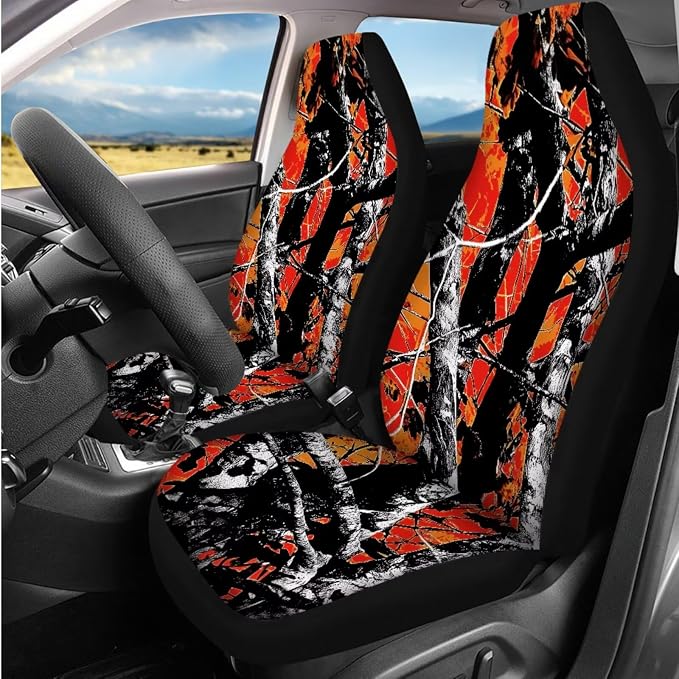 Bulopur Orange Hunting Camo Automotive Seat Covers Front and Backseat with Matching Steering Wheel Cover Auto Center Console Cover Car Seatbelt Pads Headrest Covers 14 Piece Vehicle Interior Set