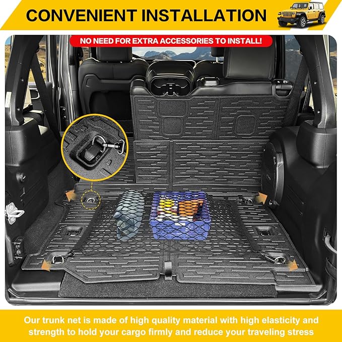 Cargo Mats & Trunk Net for 2018-2024 Jeep Wrangler JL Unlimited 4X4 Trunk Mat Backrest Liner with Cargo Net All Weather Rear Back Seat Mat Cargo Net for Wrangler JL 4 Door Accessories Only