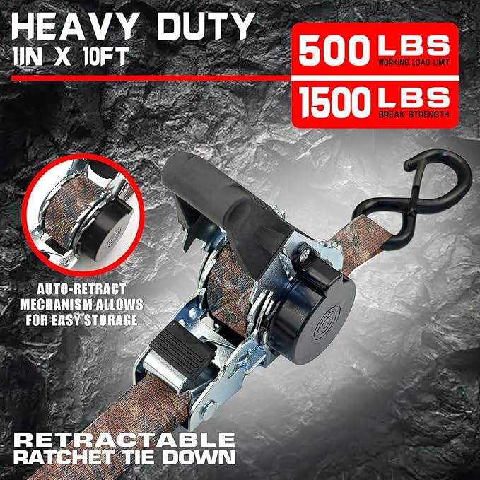 2-Pack Retractable Ratchet Tie Down Straps, 1" x 10ft with Soft Loops & S-Hooks, 1500lbs Break Strength Self-Retracting Cargo Straps for Truck, Trailer, Motorcycle, ATV, Kayak (Camouflage)
