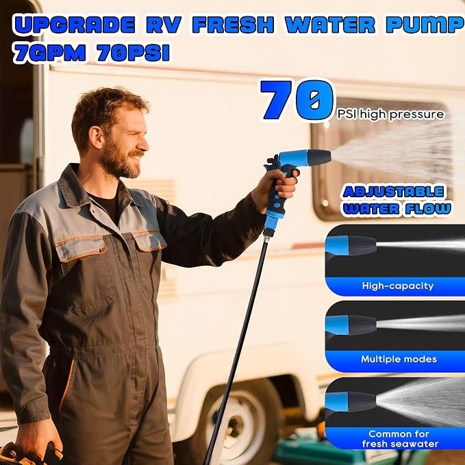 12V DC RV Fresh Washdown Pump Kit, 70PSI7GPM,Marine Self-Priming Water Pump with Pressure Switch, High-Performance RV Fresh Water Pump for Boats,Campers,Travel Trailers,Sprayers,and Yachts