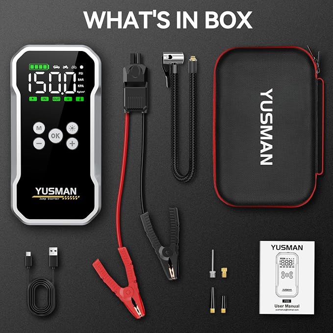 Jump Starter with Air Compressor, 8000A 160PSI Jump Starter Pack (10.0 Gas/7.0L Diesel), 12V Car Jump Starter, Battery Jump Starter with Display, Smart Jumper Cables, 2 LED Light