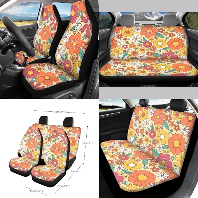 Wanyint Hippie Flower 15 Pack Car Seat Cover Set with Steering Wheel Cover Seat Belt Strap Cover Garbage Cans Air Vent Pouch Rearview Mirror Cover Cup Coasters Keychain Fit for SUV Trucks Vans Sedans