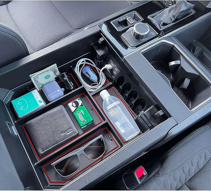 TOPINSTALL Red Center Console Tray and Rubber Liners Compatible with 2022 2023 2024 Tundra Accessories, Anti-Dust Dress Up The Interior