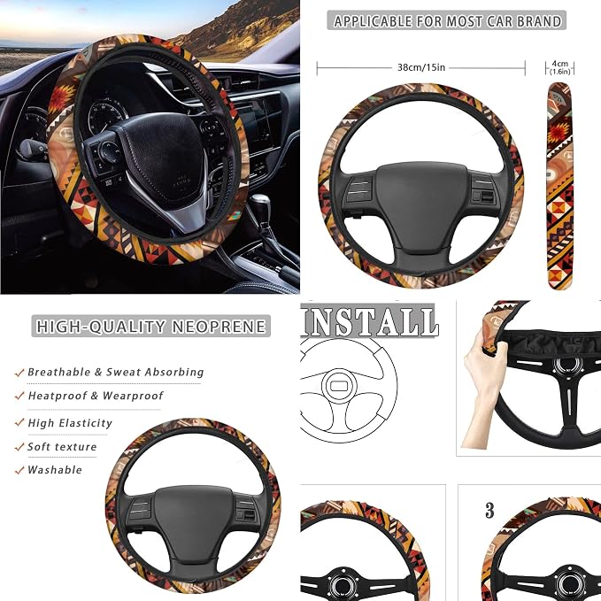 Western Seat Covers Full Set with Aztec Tribal Steering Wheel Cover, Shoulder Pads, Aztec Seat Covers Car Accessories Universal Fit for Most Cars, Brown