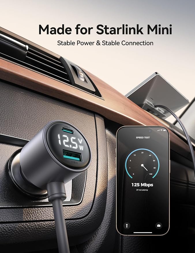 Starlink Mini Car Adapter, JOYROOM 10FT Starlink Mini Cable, Digital Voltage & Wattage Display, 12V-24V Cigarette Lighter Car Charger PD 45W USB-C & 30W USB-A Ports for RV, Boat & Truck