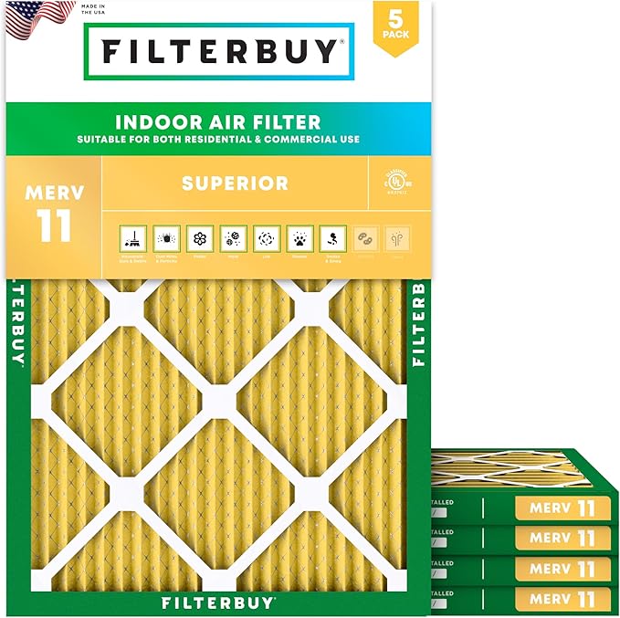 Filterbuy 18x21x1 Air Filter MERV 11 Superior Pet & Allergy Defense (5-Pack), Electrostatic Pleated HVAC AC Furnace Filters Replacement (Actual Size: 18.00 x 21.00 x 0.75)