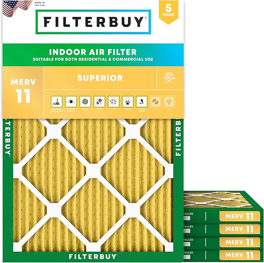 Filterbuy 14x20x1 Air Filter MERV 11 Superior Pet & Allergy Defense (5-Pack), Electrostatic Pleated HVAC AC Furnace Filters Replacement (Actual Size: 13.50 x 19.50 x 0.75)