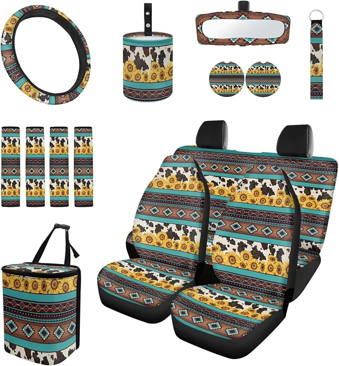 Aztec Sunflower Cowhide Car Seat Covers Set of 15 with Universal Steering Wheel Cover, Rearview Mirror Cover, Car Trash Can, Seatbelt Pads, Cup Holder Coasters, Keychains