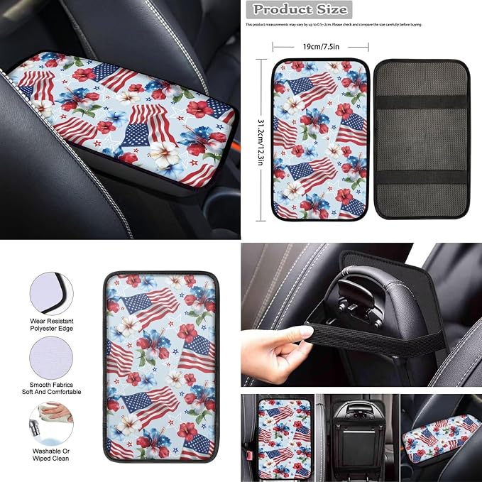Wanyint Car Seat Cover Set 12 PCS, with Steering Wheel Cover Seat Belt Armrest Handbrake Gear Shift Knob Cover Set Coasters 4th of July Patriotic Decor Auto Accessories, American Flag Hibiscus Blue