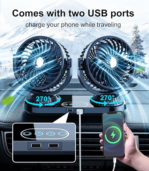 Dual Head Auto Oscillating Car Cooling Fan for Dashboard, DC 12V / 24V Cigarette Lighter Plug Car Fans that Blow Cold Air Cooler for Vehicles Sedan SUV Rv Van Truck Utv Tractor Cab Without AC
