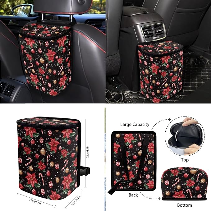 Poinsettia Flower Candy Cane Print Car Seat Covers Set of 10 Elastic Front Rear Seat Covers, Vehicle Trash Bin, Steering Wheel Cover, Air Vent Pouch, Coasters, Keychain Christmas Decor