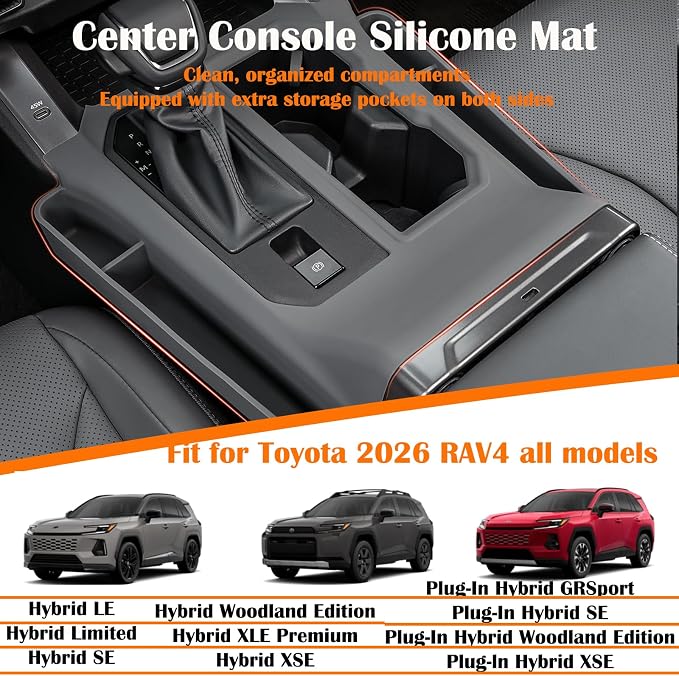 Console Silicone Storage Box Insert Compatible with Toyota 2026 RAV 4 XSE GR Sport Hybrid Limited XLE Woodland 2026 RAV 4 Interior Organizer Accessories