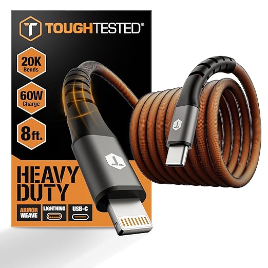 ToughTested USB C to Lightning Cable 8FT – MFi Certified iPhone Fast Charger Cord, P.E.T. ArmorWeave Braided, 3AMPS Fast Charging Compatible iPhone 14 13 12 11 Pro Max X XS XR 8 7 6 Plus and More