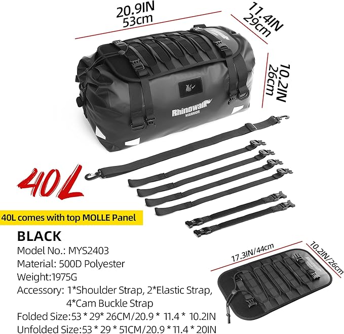 Rhinowalk Motorcycle Saddle Bag 40L – Waterproof Rear Seat Pack with Expansion Panel, MOLLE Gear Mount & Backpack Carry