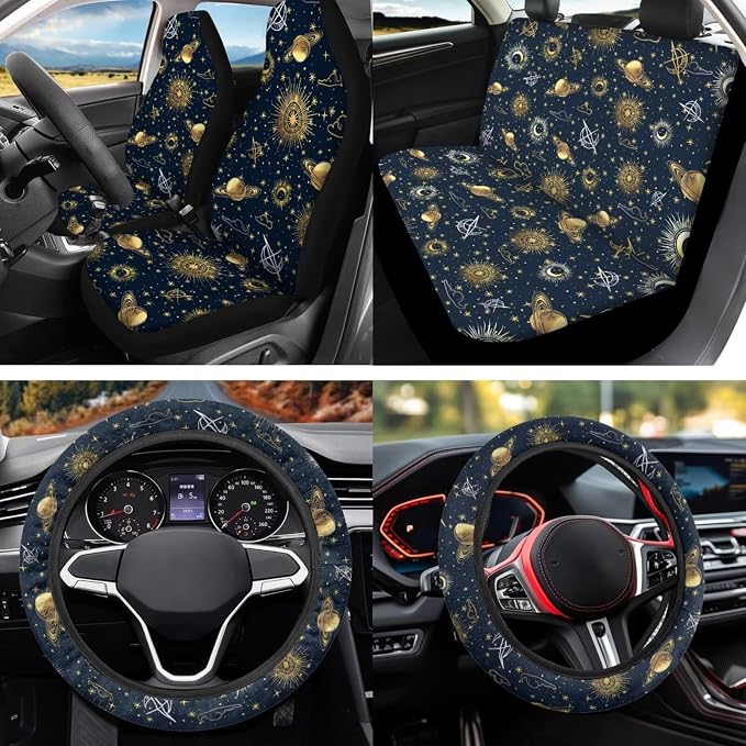Gothic Sun Moon 12 Pack Car Seat Covers Full Set with Steering Wheel Accessories Car Seat Belt Cover Arm Rest Cover Car Cup Coasters Universal Fit for Most Cars,SUVs