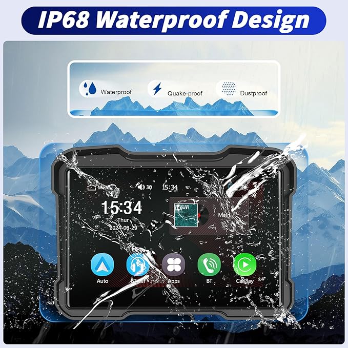 5 Inch IPS Waterproof Portable Motorcycle CarPlay Screen with Wireless CarPlay&Android Auto,GPS Navigation,Bluetooth,EQ,TF Port,Voice Control,IP67 Waterproof