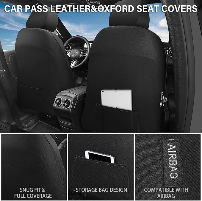 CAR PASS Leather Oxford Car Seat Covers Full Set,Heavy Duty Car Seat Covers Waterproof,Universal Fit for Trucks SUV Sedan Most Cars,Non-Slip,Armrest Airbag Compatible,All Black 3D Tyre Embossed
