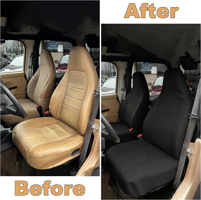 Custom Seat Covers for Jeep Wrangler TJ 1997 1998 1999 2000 2001 2002 Heavy Duty Cloth Protector Interior Accessories，Waterproof & Machine Washable, Foam Padded - Black（Front）