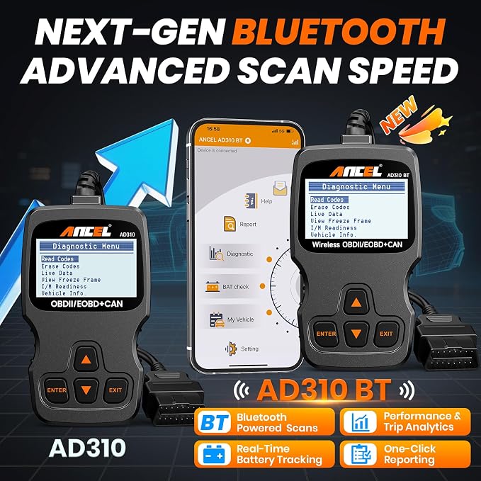 ANCEL AD310BT 2-in-1 Bluetooth OBD2 Scanner, Engine Code Reader for iPhone & Android, Battery Test, Trip Analysis, Performance Test, Car Diagnostic Tool for Most 1996+ OBD2 Vehicles