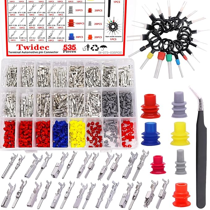 Twidec/535Pcs Car Electrical Wire Terminal Pins Connector Kit 1/1.5/1.8/2.2/2.8/3.5mm 26Type Male&Female Connector Pins Terminal Auto Electric Connectors Non-Insulated Plug Removal Crimp Pins