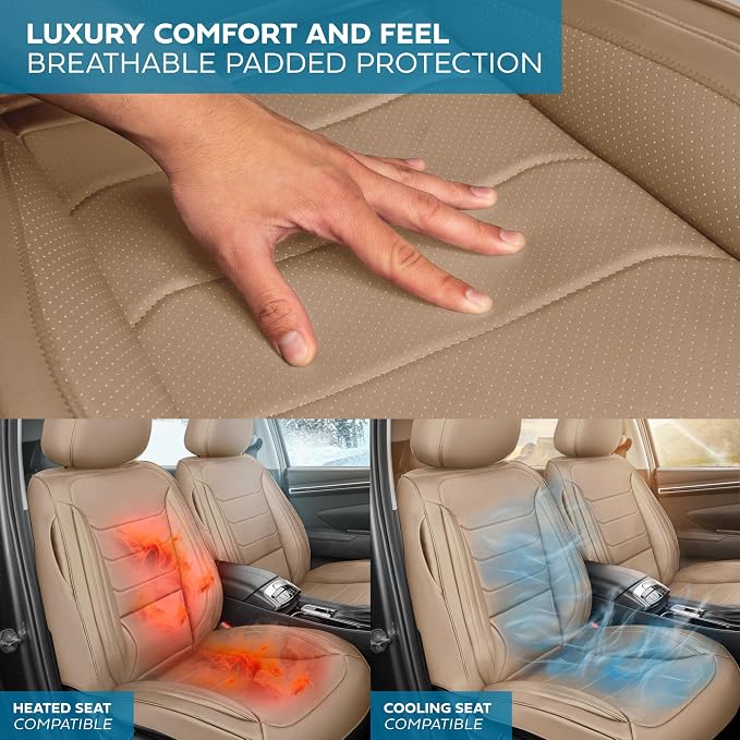 MotorBox Meridian Series Napa Leather Seat Covers for Cars, Classic Cushion Front Seat Covers, Premium PU Leatherette Beige Car Seat Covers with Classic Line Design, Cars Trucks SUVs