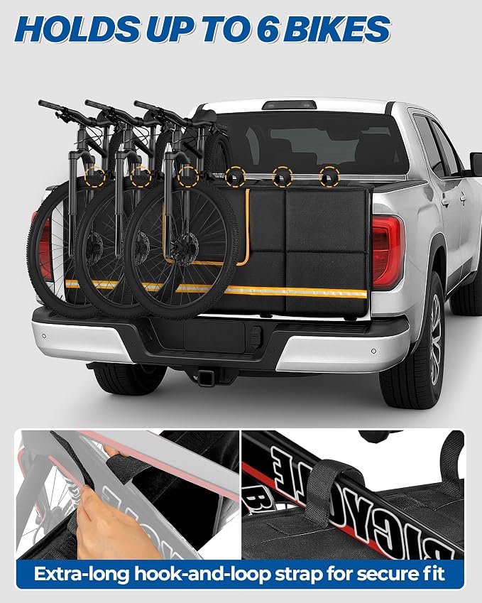 Marscamd Tailgate Bike Pad for Full-Size Pickup Truck (61"+ Tailgate Width), Holds Up to 6 Bikes, Thick Tailgate Cover with Storage Pocket, Black