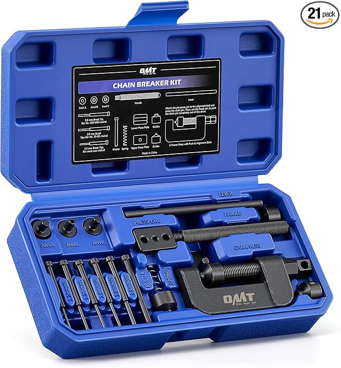 Orion Motor Tech Motorcycle Chain Rivet Tool, 20pc Motorcycle Chain Tool Kit with Blackened C Frame 5 Pins Pre-Press Cap, Pro Bike ATV Motorcycle Chain Breaker Cutter Removal Tool for 25 to 630 Chains