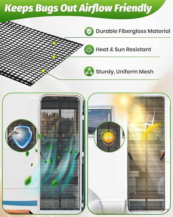 Magnetic RV Screen Door Curtain for Camper, Curtain Size 33'' x 75'', Travel Trailer, Fifth Wheel and Motorhome, Tear-Resistant Mesh Bug Screen, Self Closing Mosquito Net, Pet Friendly
