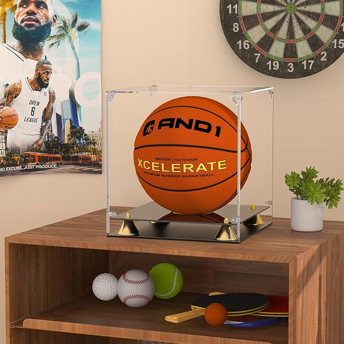 KOLIPI Basketball Display Case, Clear Acrylic Full Size Basketball Case Display with Double Layer Base, Assemble Soccer Showcase, Ball Holder Stand Box Protector for NBA WNBA Signed Ball Memorabilia