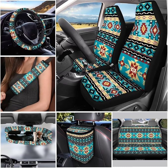 12 Pack Car Seat Covers Full Set Southwestern Aztec Tribal Steering Wheel Cover Seat Belt Pads Car Trash Can Coasters Rear View Mirror Cover Keychain Holder Keychains Accessories