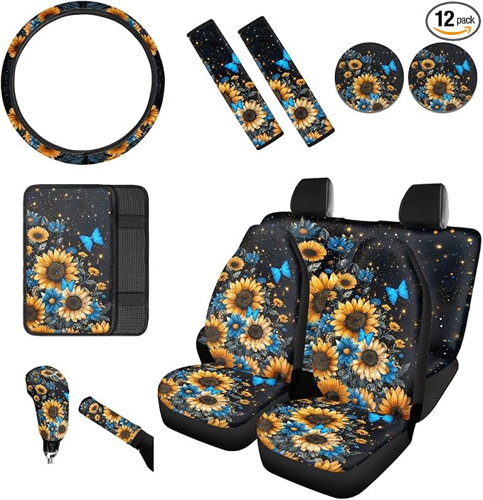 BIGCARJOB Sunflower Car Seat Cover Full Set of 12 Pcs Blue Butterfly Car Interior Accessories Set with Armrest Cover,Cup Holder,Steering Wheel Covers,Seat Belt Pads