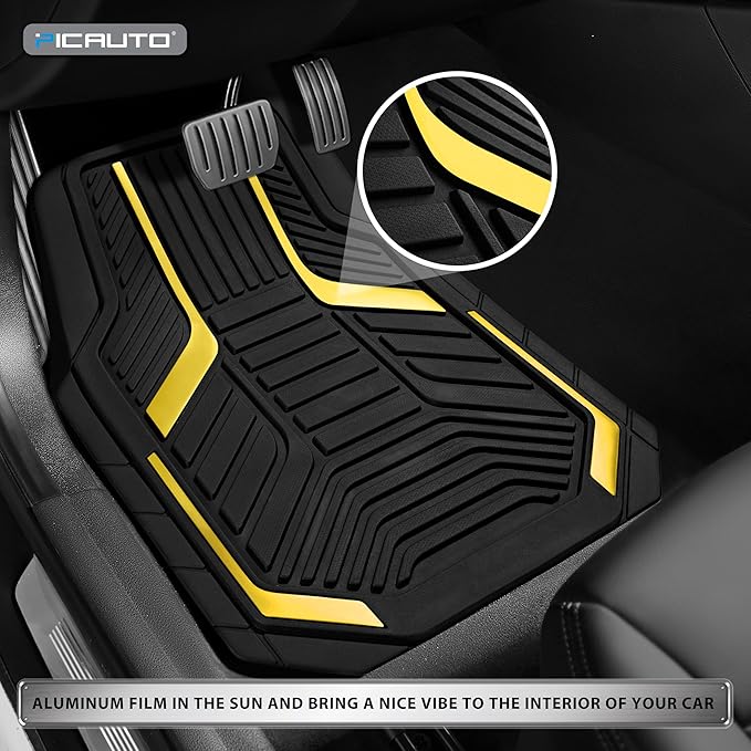 PIC AUTO Heavy Duty Rubber Floor Mats, Yellow Aluminum Film Car Mats Set, Front and Rear Car Mats with Anti-Slip Backing, All Weather Protection, Trim-to-Fit for Automotive SUV, Sedan, Van