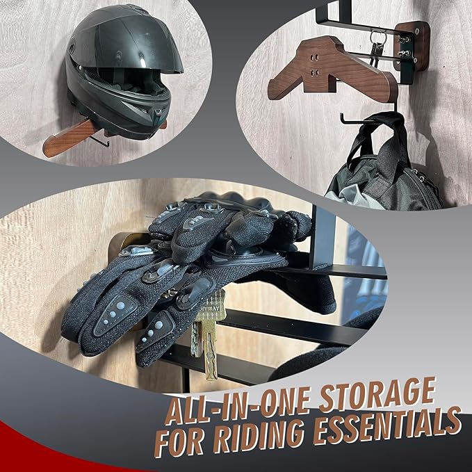 Helmet Holder Wall Mount, Motorcycle Helmet Rack with Dual Support Pillars & T-Shaped Hooks, Heavy-Duty Steel Garage Organizer for Helmets, Riding Gear & Tools