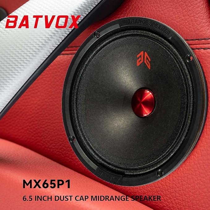 MX65P1 Loudspeaker 6.5 Inch Midrange 200 Watts 4 Ohms Red Dust Cap, Premium Quality Audio Door Speakers for Car or Truck Stereo Sound System, Black (2 Speakers)