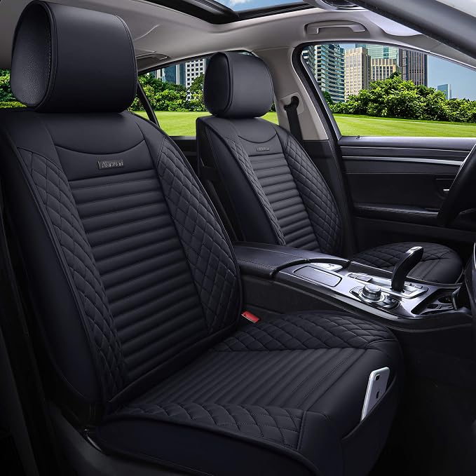 Aierxuan Front Car Seat Covers Waterproof Leather Universal for Chevy Acura Lexus Jetta Tiguan Jeep Wrangler Liberty Cherokee Mitsubishi Outlander Kia Hyundai Accent Audi (2 Pcs Front/Black)