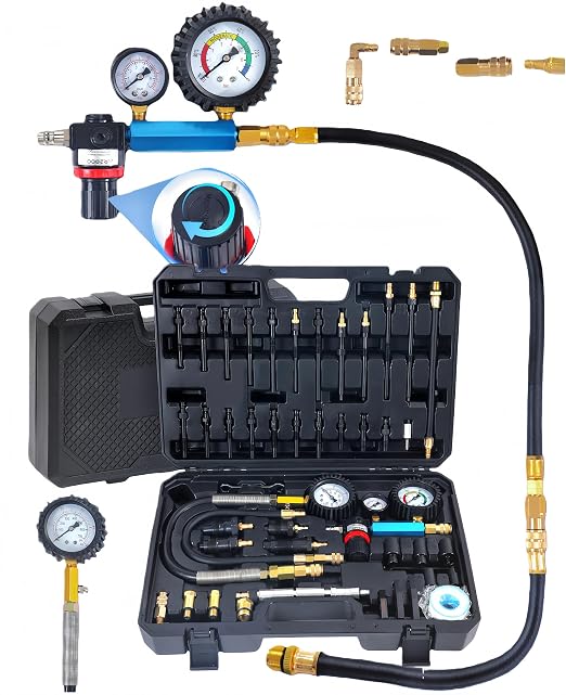 46PCS Automotive Compression Tester Kit with Dual-Dial Gauge Gasoline & Diesel Compression Tester Set Cylinder Leak Down Tester for HDI, TDCi, Pump Duse (PD) (1/4 US Standard Air Inlet)