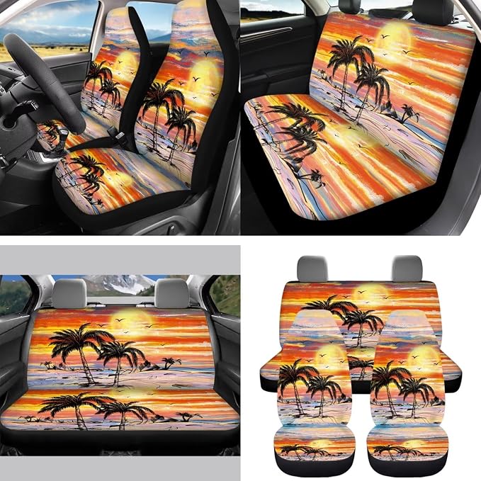 Sunset Tropical Palm Car Seat Cover Full Set Automotive Steering Wheel Covers Auto Seatbelt Pads Coaster Trash Can Rear View Mirror Cover Car Coasters Keychain 15 Packs